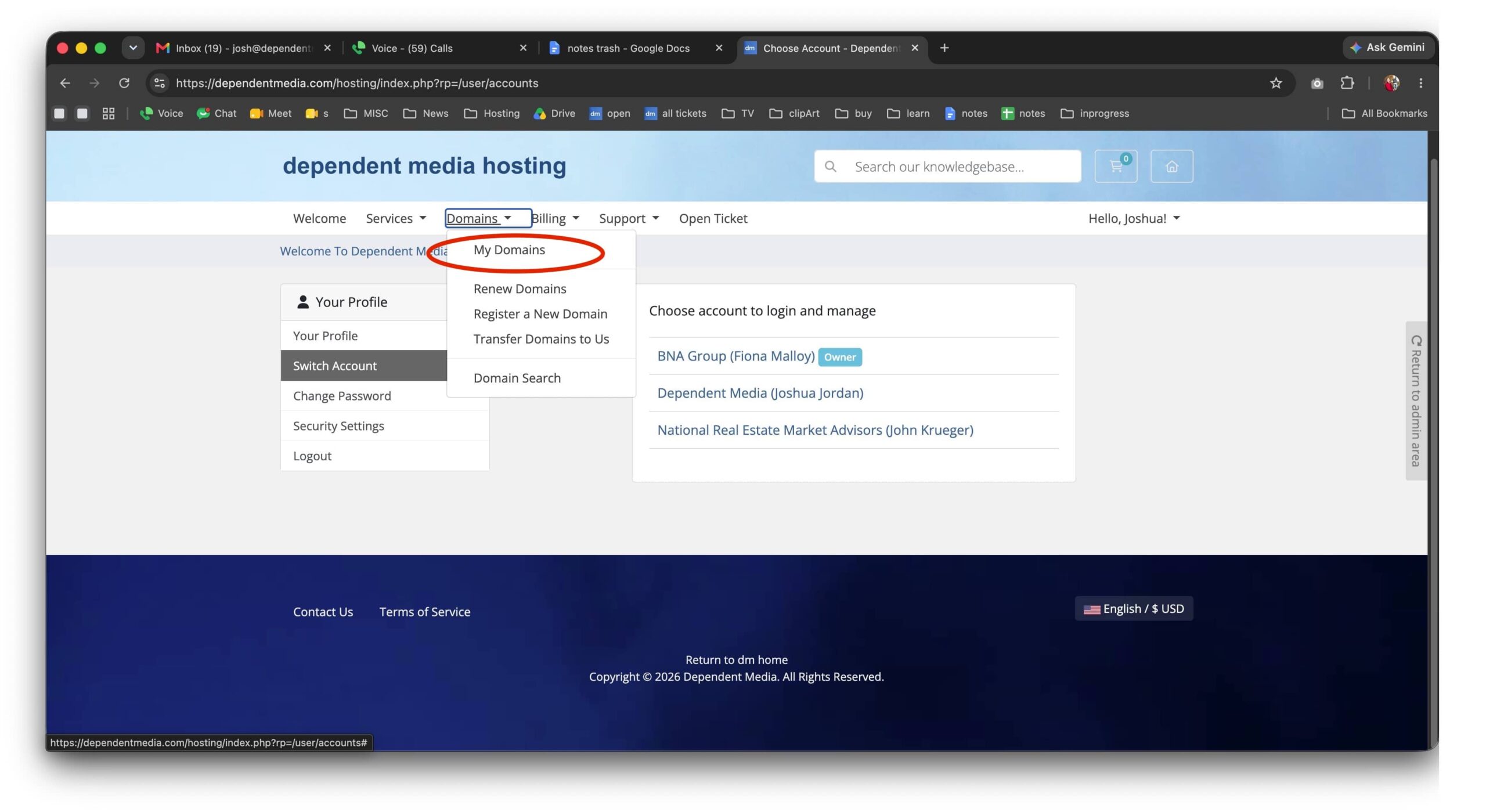 Domains menu with My Domains highlighted