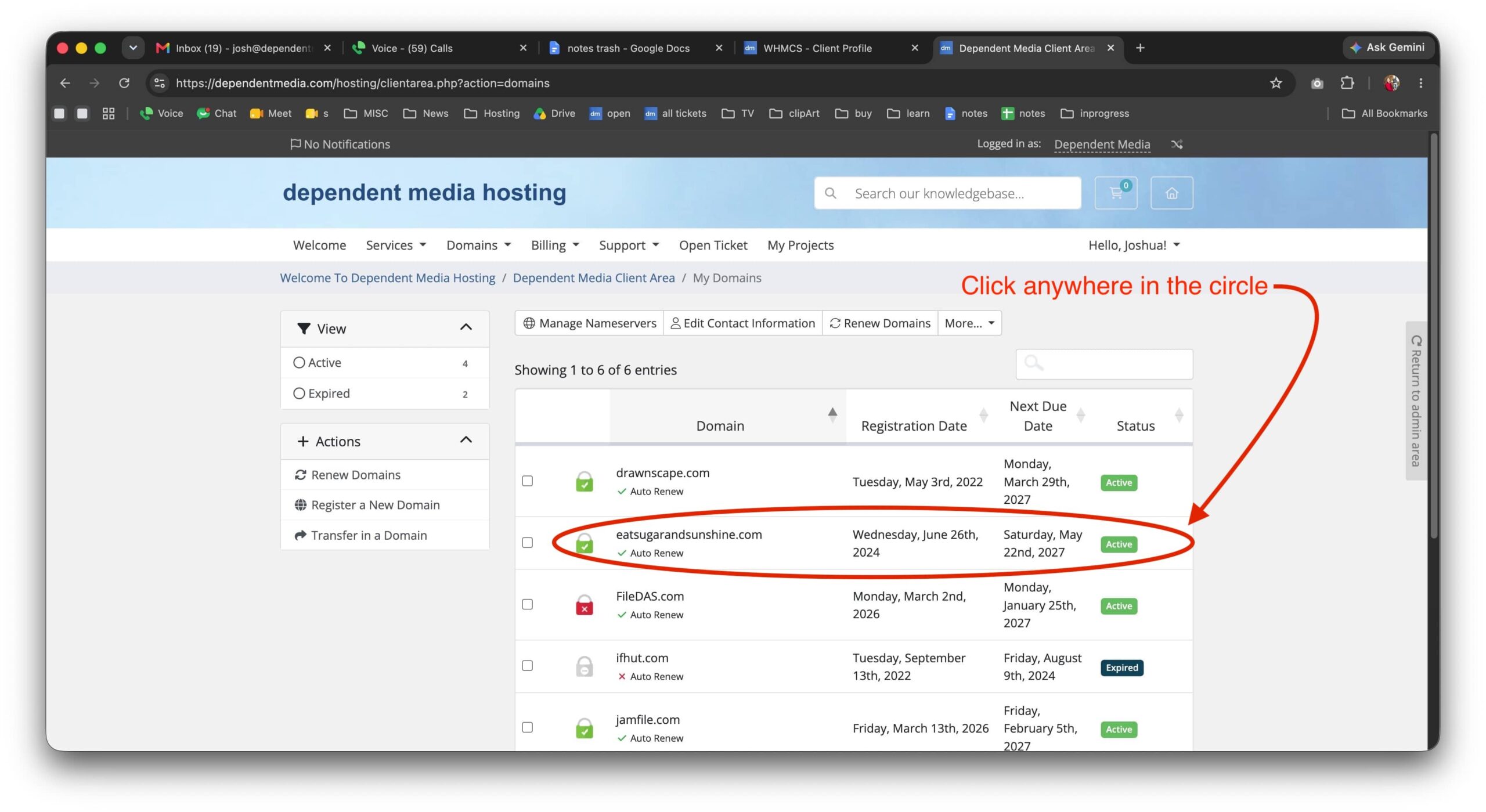 My Domains list with a domain row circled
